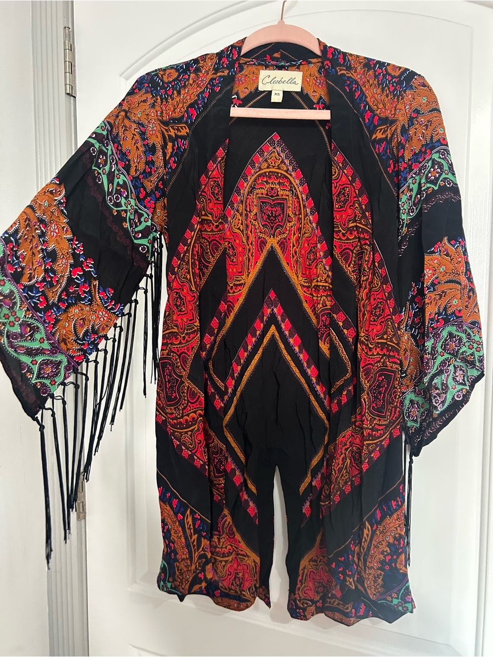 Cleobella Black Paisley Fringe Sleeve Kimono size XS boho chic festival 70s
